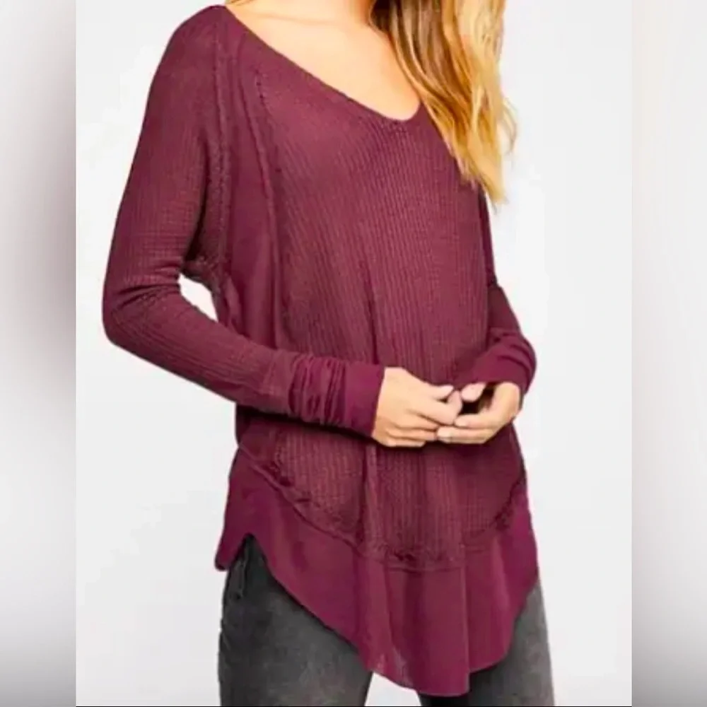 Free People Catalina Waffle Knit Thermal Top in Wine Burgundy Size Small